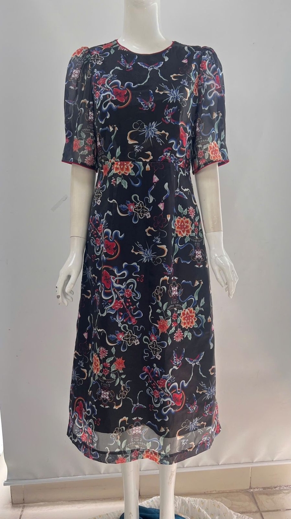 SWANLAKE | Váy Đầm Nữ Maxi Suông Vải Tơ In Hoa Cổ Tròn Tay Bí Phồng Chiết Eo Đi Tiệc Công Sở D13245LW01