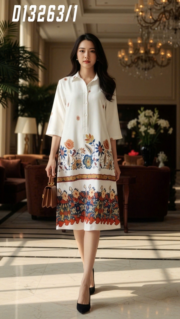 SWANLAKE | Váy Đầm Nữ Midi Tay Lỡ Cổ Sơ Mi Vải Lụa Dày In Hoa Có Túi Công Sở Dạo Phố D13263LW01