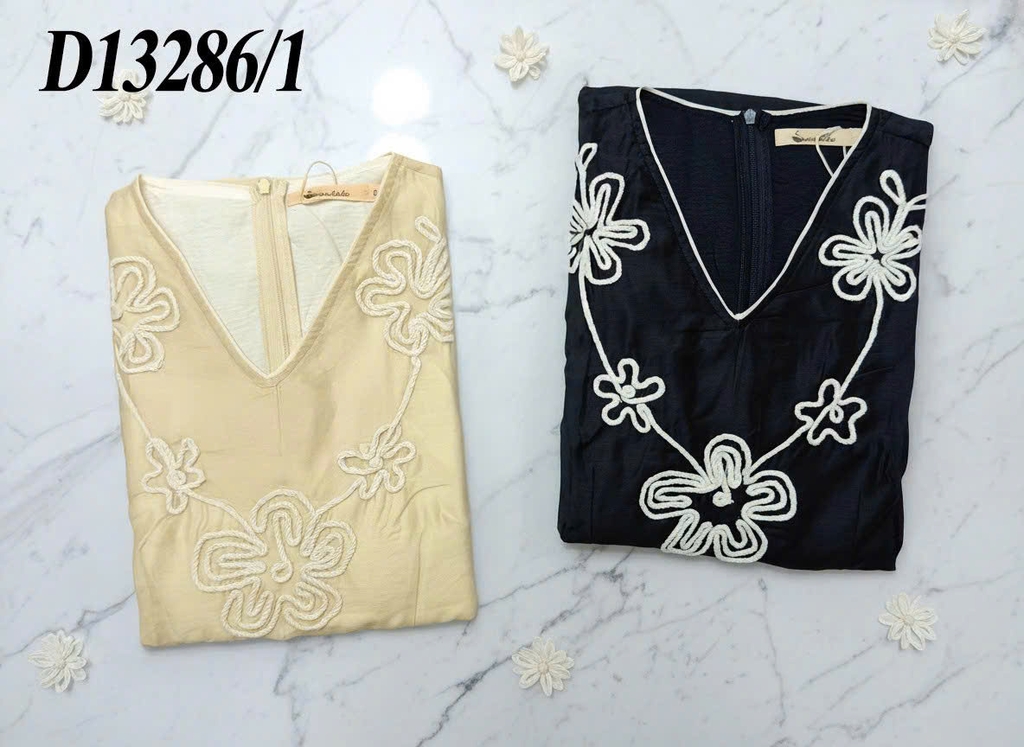 SWANLAKE | Váy Đầm Nữ Chất Tơ Cotton Thêu Hoa Cổ Chữ V Tay Ngắn Chiết Eo Đi Tiệc Công Sở D13286LW01