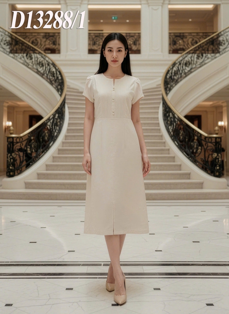 SWANLAKE | Váy Đầm Nữ Midi Cổ Chữ V Cài Nút Xếp Ly Vải Linen Tay Ngắn Thắt Eo Xẻ Tà Công Sở D13288LW01