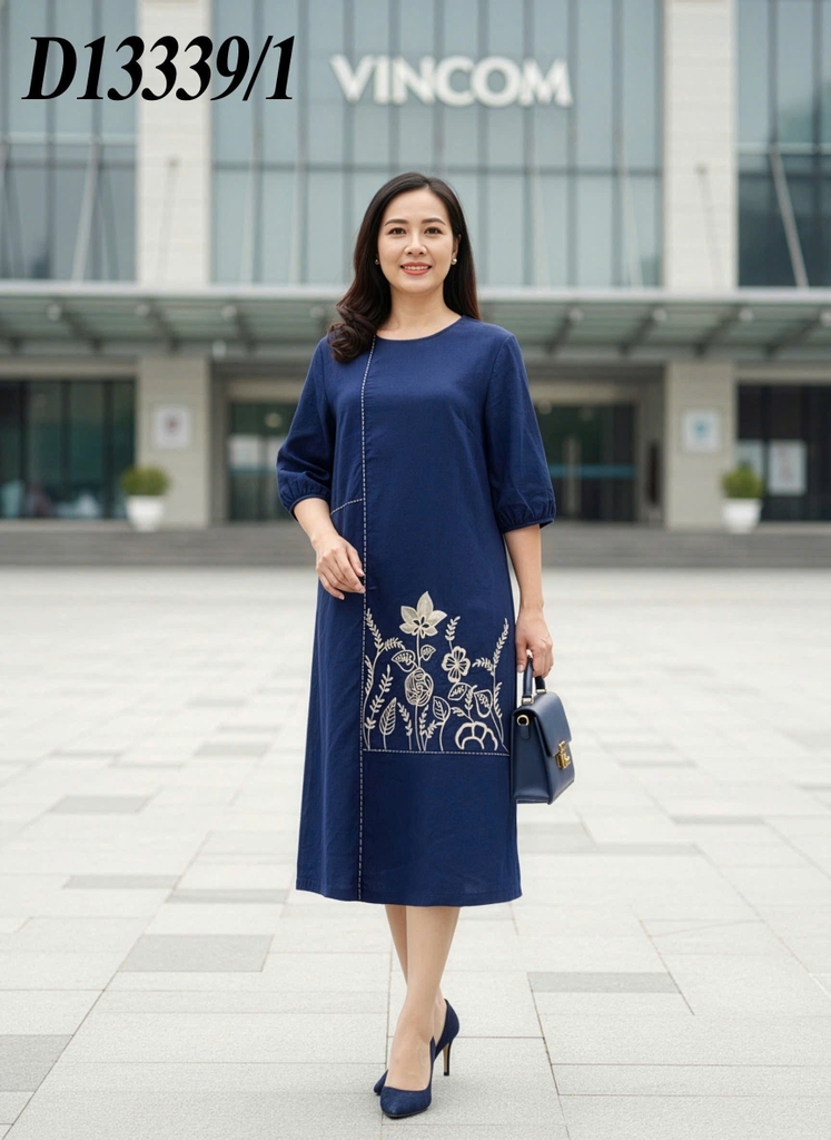 SWANLAKE | Váy Đầm Nữ Midi Suông Cổ Tròn Tay Lỡ Vải Linen Thêu Hoa Cao Cấp Công Sở Dạo Phố D13339LW01