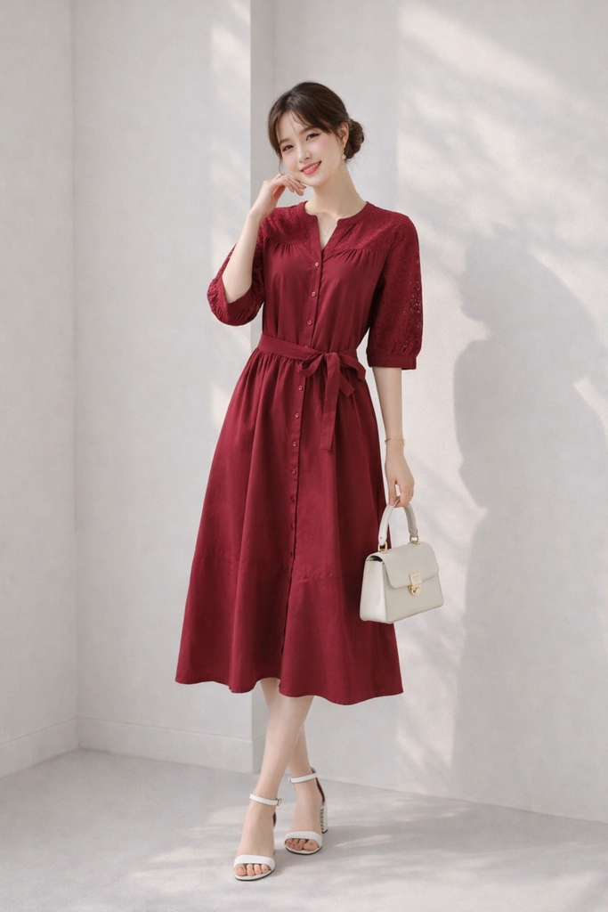 SWANLAKE | Váy Đầm Nữ Maxi Suông Cổ Trụ Cài Nút Cotton Phối Ren Dây Thắt Eo Tay Lỡ Công Sở D12821LW01