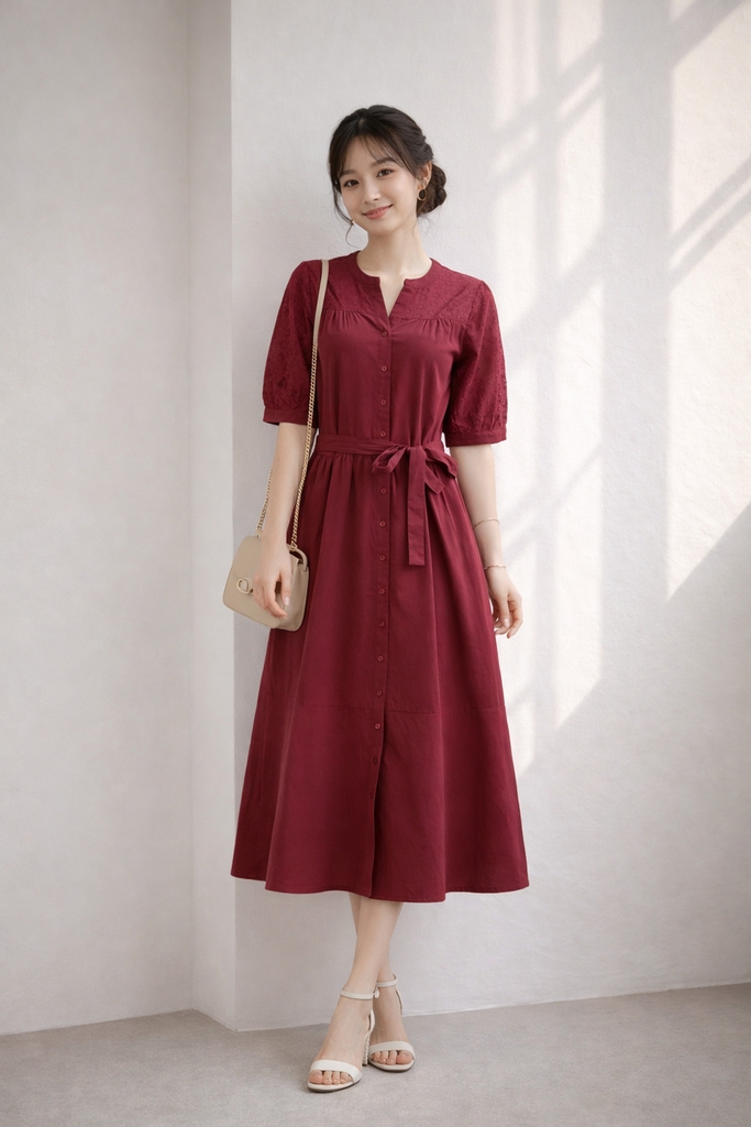 SWANLAKE | Váy Đầm Nữ Maxi Suông Cổ Trụ Cài Nút Cotton Phối Ren Dây Thắt Eo Tay Lỡ Công Sở D12821LW01
