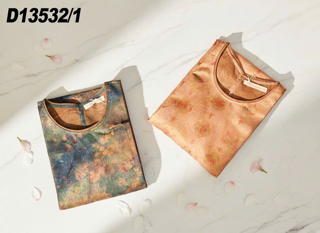 M COLLECTION | Váy Đầm Tiệc Suông Nữ Trung Niên Tặng Mẹ Tơ Nha Xá Cổ Tròn Tay Lỡ Có Túi D13532LW01