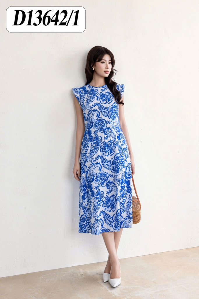 SWANLAKE | Váy Đầm Nữ Chiết Eo Tôn Dáng Vải Linen Bông Cổ Tròn Tay Cánh Tiên Thanh Lịch D13642LW01