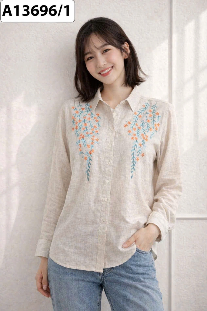 SWANLAKE | Áo Sơ Mi Nữ Vải Linen Tưng Premium Tay Dài Thêu Hoa Cao Cấp Công Sở Thanh Lịch A13696LW01