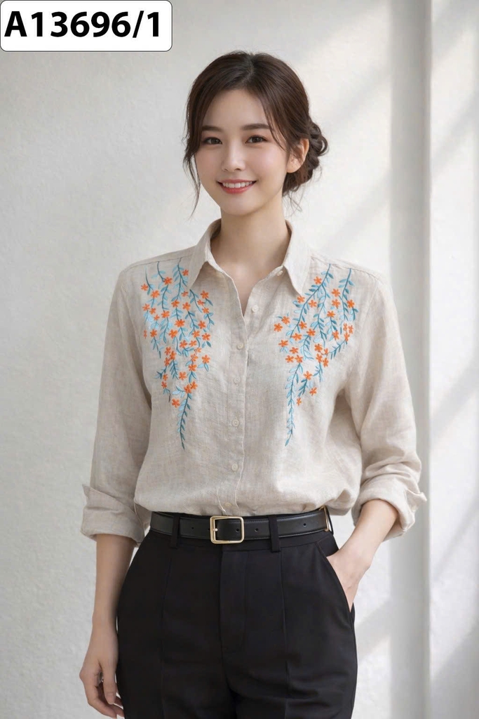 SWANLAKE | Áo Sơ Mi Nữ Vải Linen Tưng Premium Tay Dài Thêu Hoa Cao Cấp Công Sở Thanh Lịch A13696LW01
