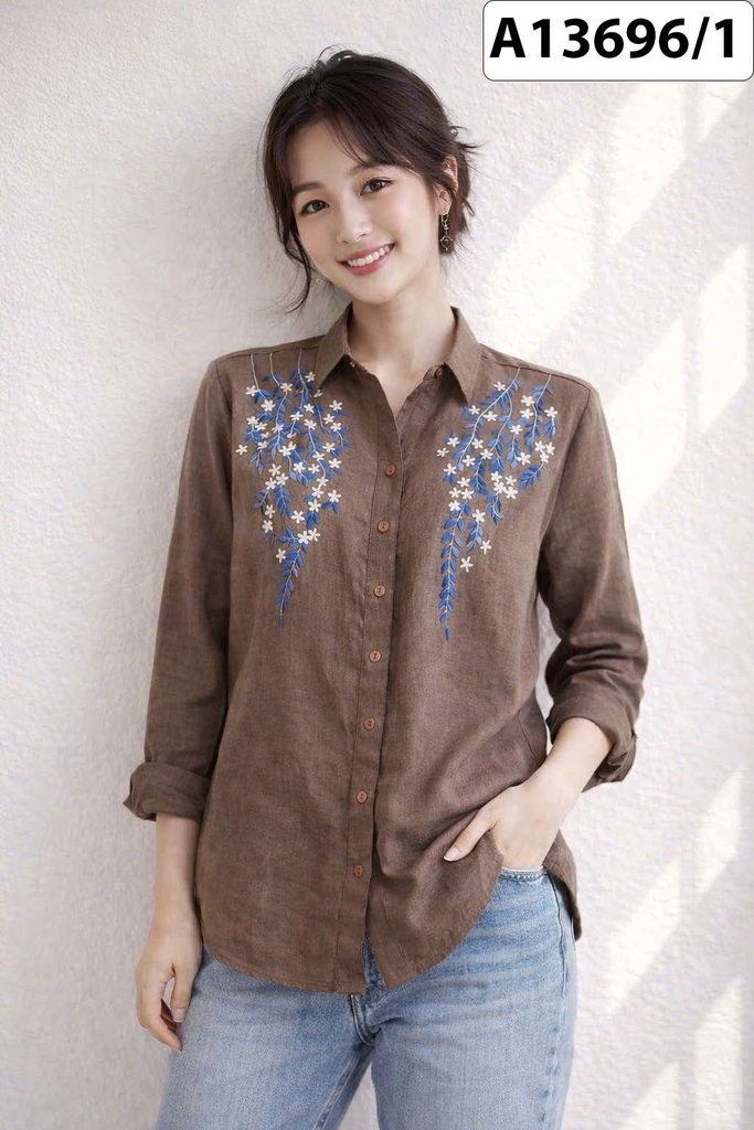 SWANLAKE | Áo Sơ Mi Nữ Vải Linen Tưng Premium Tay Dài Thêu Hoa Cao Cấp Công Sở Thanh Lịch A13696LW01