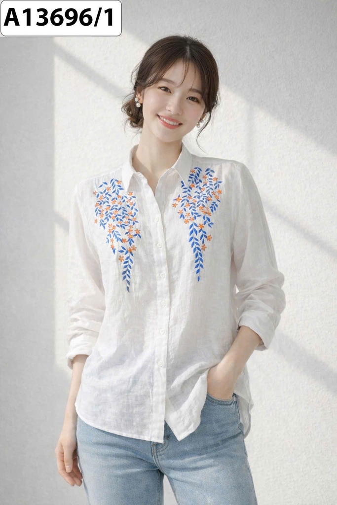 SWANLAKE | Áo Sơ Mi Nữ Vải Linen Tưng Premium Tay Dài Thêu Hoa Cao Cấp Công Sở Thanh Lịch A13696LW01
