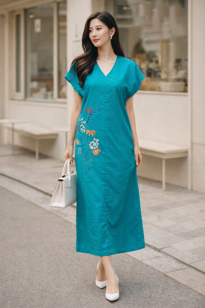 SWANLAKE | Váy Đầm Nữ Maxi Suông Tay Hến Cổ Chữ V Vải Linen Thêu Hoa Công Sở Dạo Phố Hè D13729LW01