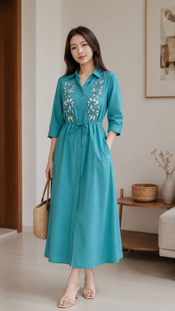 SWANLAKE | Váy Đầm Nữ Sơ Mi Suông Cài Nút Vải Linen Hàn Thêu Hoa Tay Lỡ Dây Thắt Eo Công Sở D13763LW01