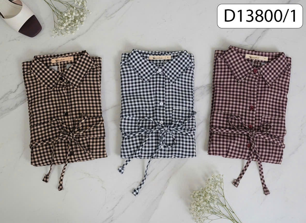 SWANLAKE | Váy Đầm Nữ Sơ Mi Caro Vải Linen Tay Ngắn Chiết Eo Buộc Dây Công Sở Dạo Phố D13800LW01