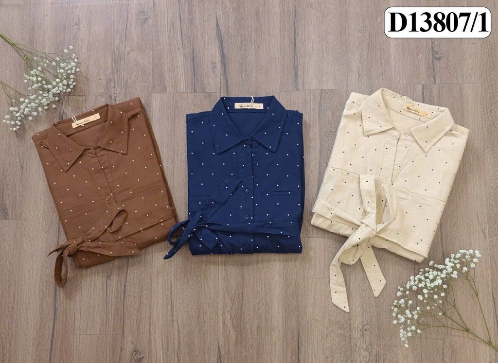 SWANLAKE | Váy Đầm Nữ Cổ Sơ Mi Chấm Bi Vải Linen Tay Ngắn Dây Thắt Eo Có Túi Công Sở Dạo Phố D13807LW01