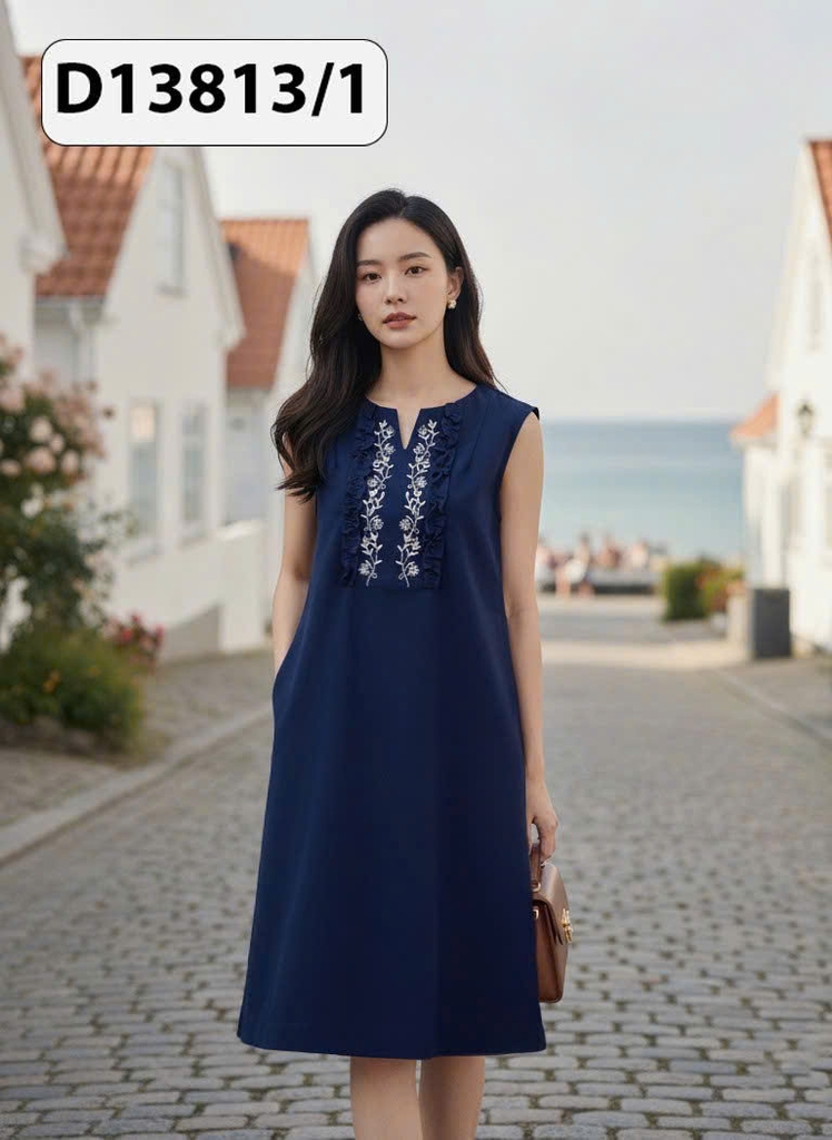 SWANLAKE | Váy Đầm Nữ Midi Suông Sát Nách Cổ Tròn Xẻ V Chất Linen Thêu Hoa Có Túi Dạo Phố D13813LW01