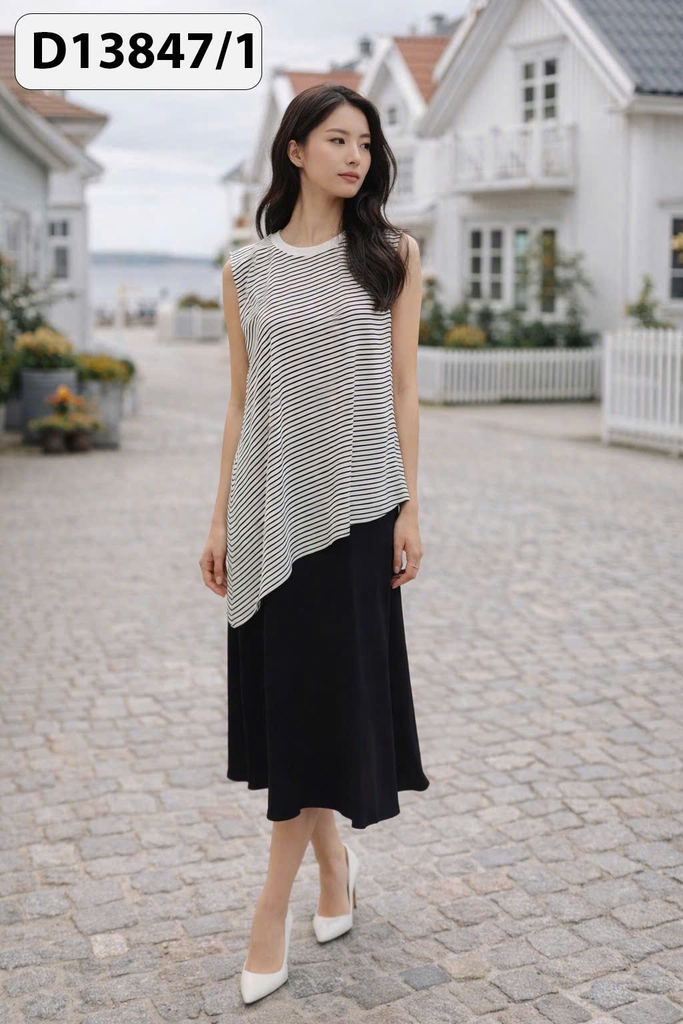 SWANLAKE | Váy Đầm Nữ Dài Phối Áo Sát Nách Vạt Chéo Kẻ Sọc Vải Thun Linen Hàn Cổ Tròn Dạo Phố D13847LW01