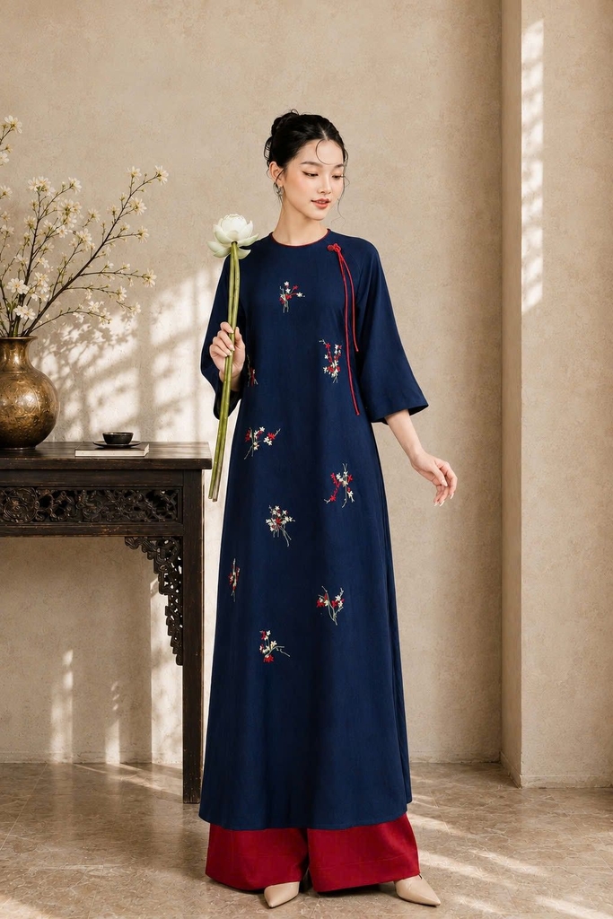 Áo Dài Cách Tân Suông Linen Thêu Hoa L14229LW01