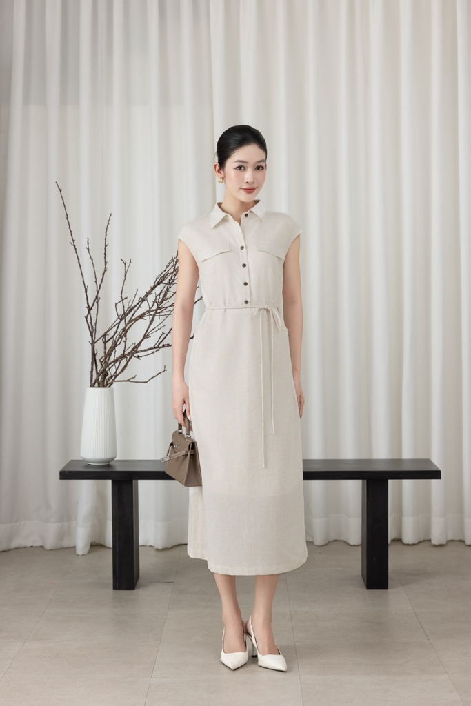 SWANLAKE | Váy Đầm Nữ Suông Vải Linen Cổ Sơ Mi Cài Nút Tay Hến Có Túi Dây Thắt Eo Công Sở D13644LW01