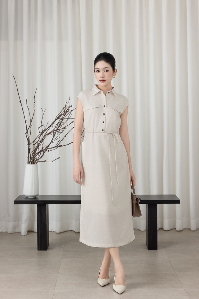 SWANLAKE | Váy Đầm Nữ Suông Vải Linen Cổ Sơ Mi Cài Nút Tay Hến Có Túi Dây Thắt Eo Công Sở D13644LW01