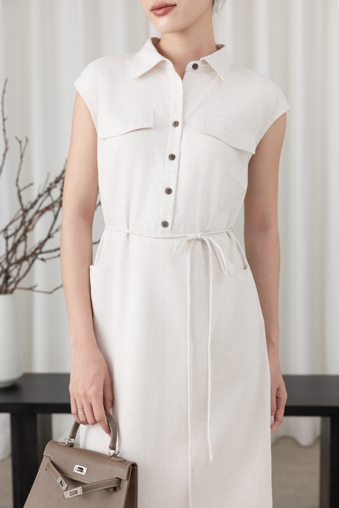 SWANLAKE | Váy Đầm Nữ Suông Vải Linen Cổ Sơ Mi Cài Nút Tay Hến Có Túi Dây Thắt Eo Công Sở D13644LW01