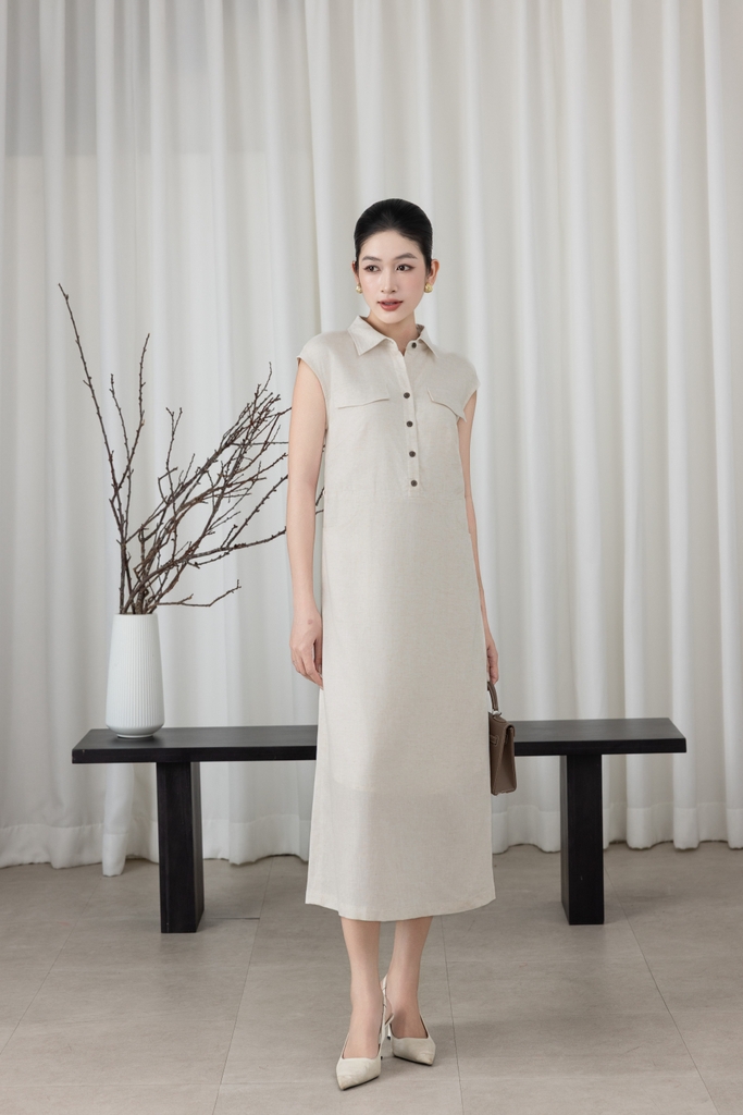 SWANLAKE | Váy Đầm Nữ Suông Vải Linen Cổ Sơ Mi Cài Nút Tay Hến Có Túi Dây Thắt Eo Công Sở D13644LW01
