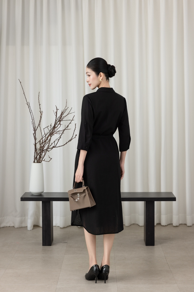 SWANLAKE | Váy Đầm Nữ Suông Vải Linen Thêu Hoa Cổ Sơ Mi Cài Nút Tay Lỡ Dây Thắt Eo Công Sở D13577LW01
