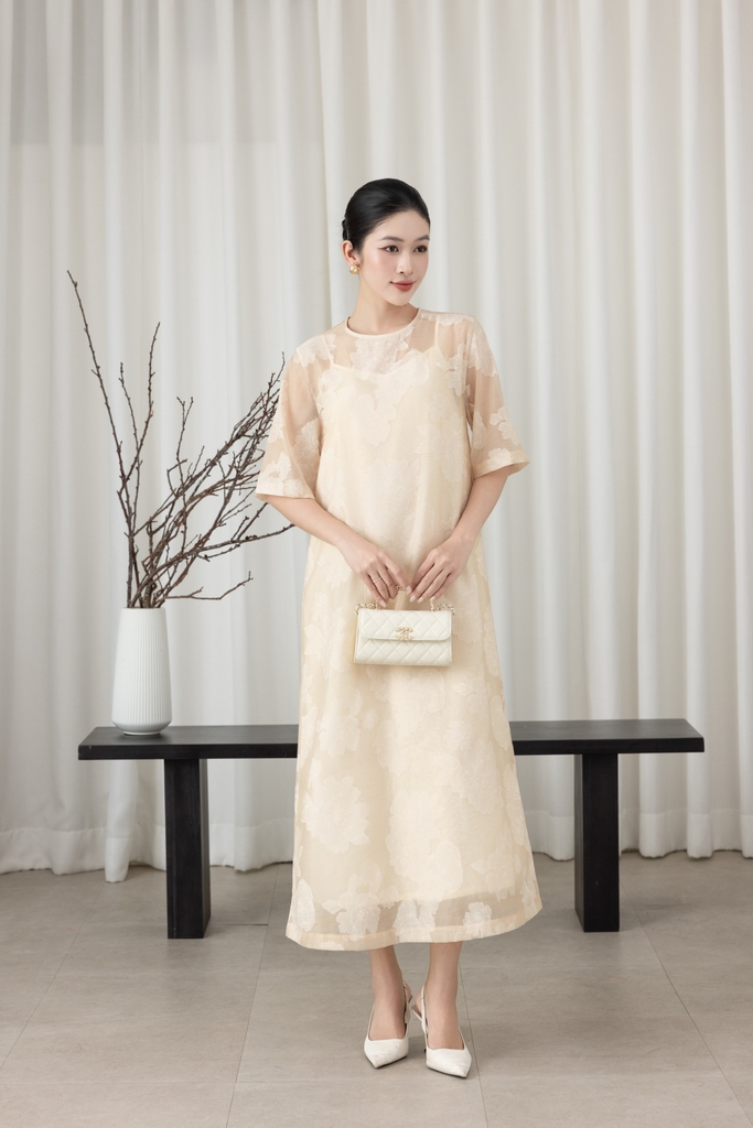 SWANLAKE | Váy Đầm Maxi Suông Nữ Hai Lớp Tay Ngắn Cổ Tròn Vải Tơ Hoa Cao Cấp Đi Tiệc Du Lịch D12064LW05