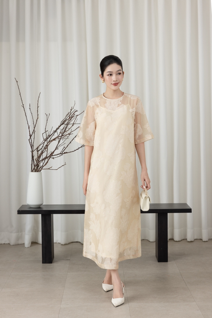 SWANLAKE | Váy Đầm Maxi Suông Nữ Hai Lớp Tay Ngắn Cổ Tròn Vải Tơ Hoa Cao Cấp Đi Tiệc Du Lịch D12064LW05