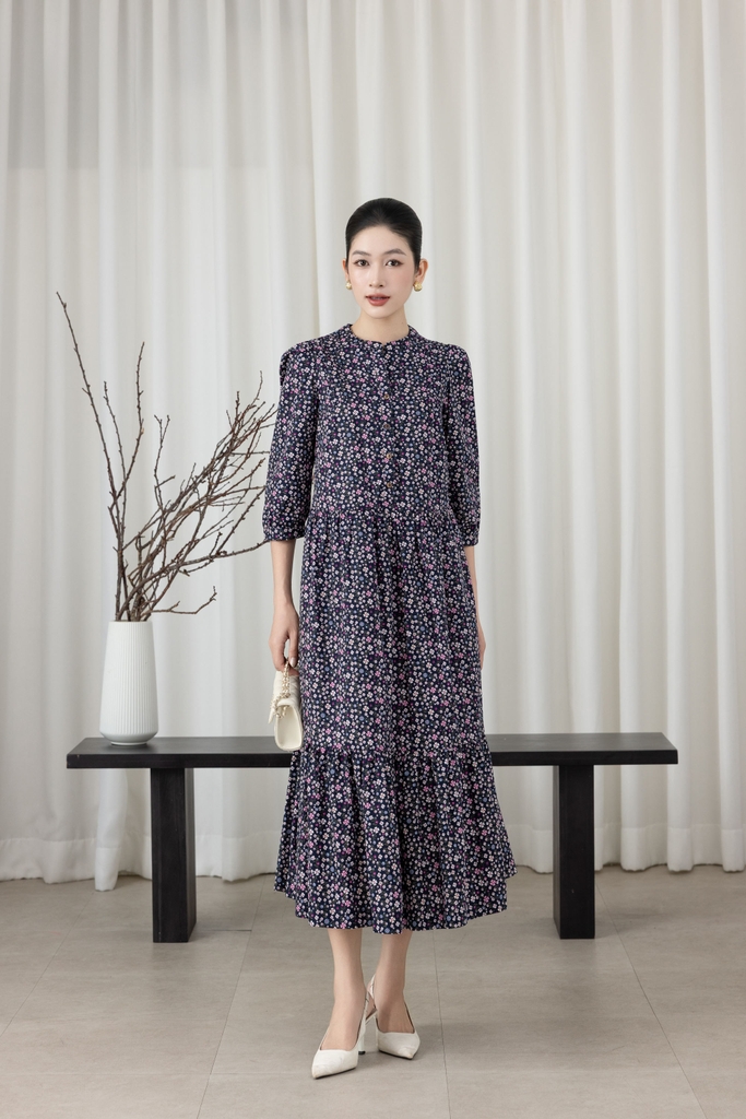 SWANLAKE | Váy Đầm Nữ Maxi Dáng Dài Cổ Trụ Cài Nút Tay Lỡ Linen Bông Nhí Xếp Ly Đuôi Cá D12355LW11