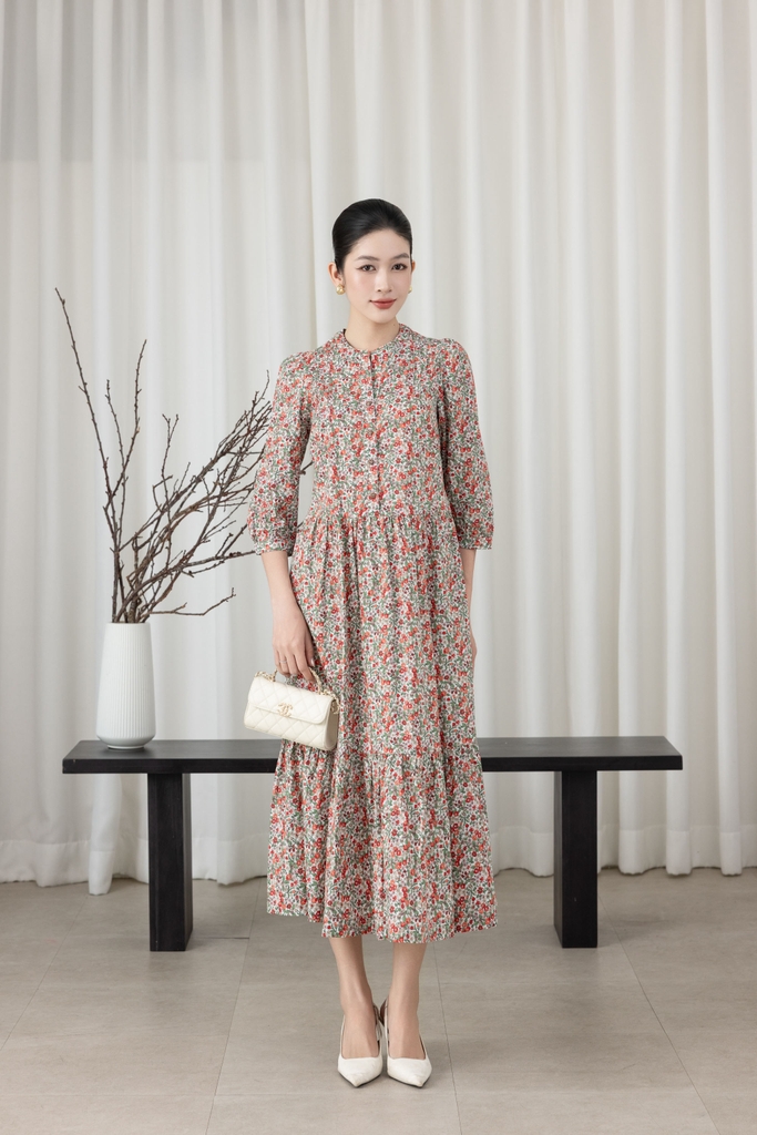 SWANLAKE | Váy Đầm Nữ Maxi Dáng Dài Cổ Trụ Cài Nút Tay Lỡ Linen Bông Nhí Xếp Ly Đuôi Cá D12355LW11