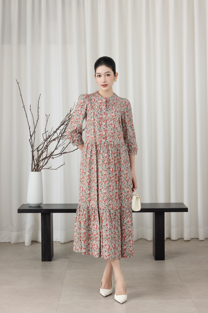 SWANLAKE | Váy Đầm Nữ Maxi Dáng Dài Cổ Trụ Cài Nút Tay Lỡ Linen Bông Nhí Xếp Ly Đuôi Cá D12355LW11
