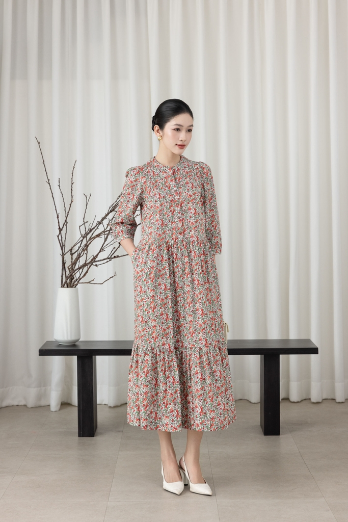 SWANLAKE | Váy Đầm Nữ Maxi Dáng Dài Cổ Trụ Cài Nút Tay Lỡ Linen Bông Nhí Xếp Ly Đuôi Cá D12355LW11