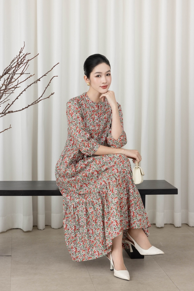 SWANLAKE | Váy Đầm Nữ Maxi Dáng Dài Cổ Trụ Cài Nút Tay Lỡ Linen Bông Nhí Xếp Ly Đuôi Cá D12355LW11