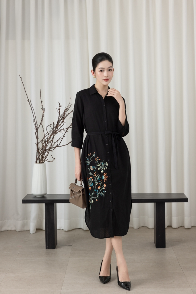 SWANLAKE | Váy Đầm Nữ Suông Vải Linen Thêu Hoa Cổ Sơ Mi Cài Nút Tay Lỡ Dây Thắt Eo Công Sở D13577LW01