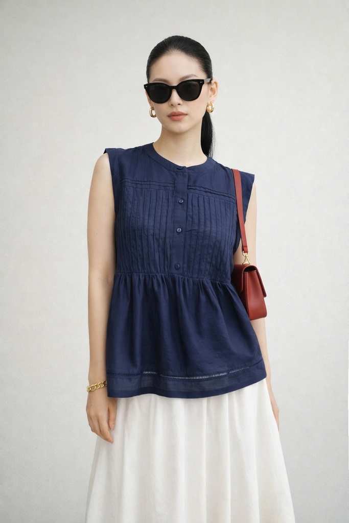 SWANLAKE | Áo Kiểu Nữ Sát Nách Dáng Babydoll Xếp Ly Cổ Tròn Chất Tơ Cotton Dạo Phố Hè A13863LW01