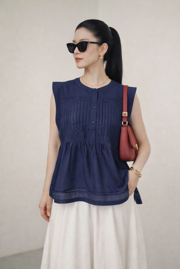 SWANLAKE | Áo Kiểu Nữ Sát Nách Dáng Babydoll Xếp Ly Cổ Tròn Chất Tơ Cotton Dạo Phố Hè A13863LW01