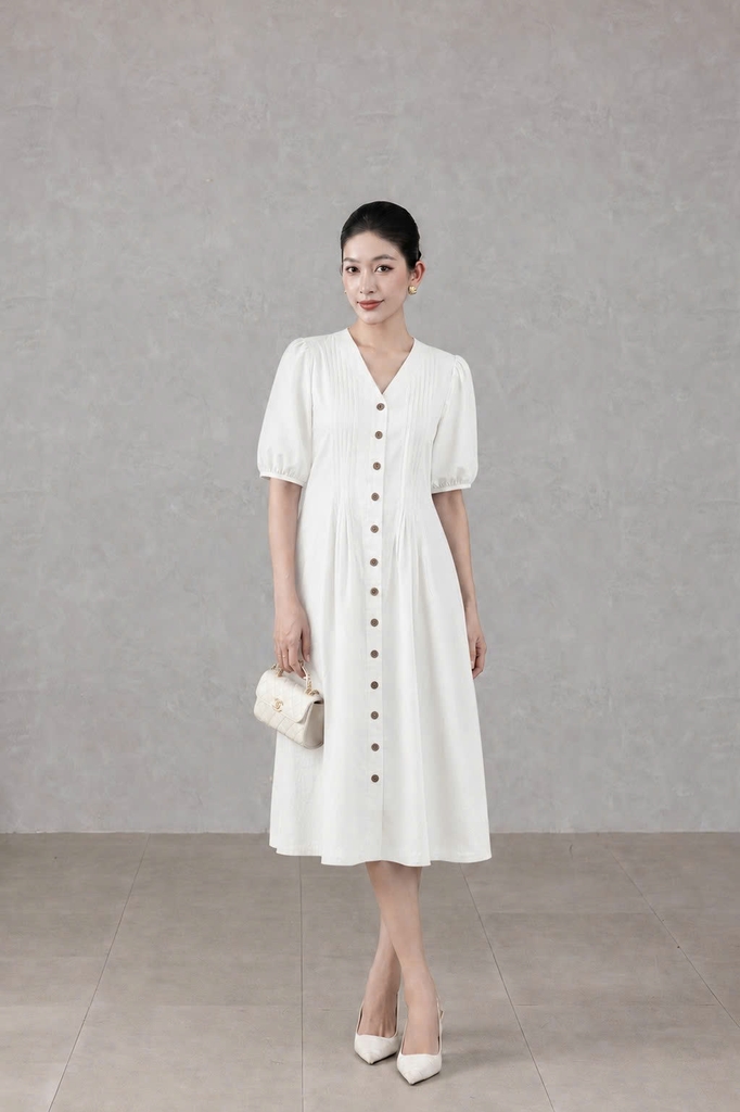 SWANLAKE | Váy Đầm Nữ Midi Cổ Chữ V Cài Nút Tay Ngắn Phồng Vải Linen Xếp Ly Chiết Eo Công Sở D14117LW01