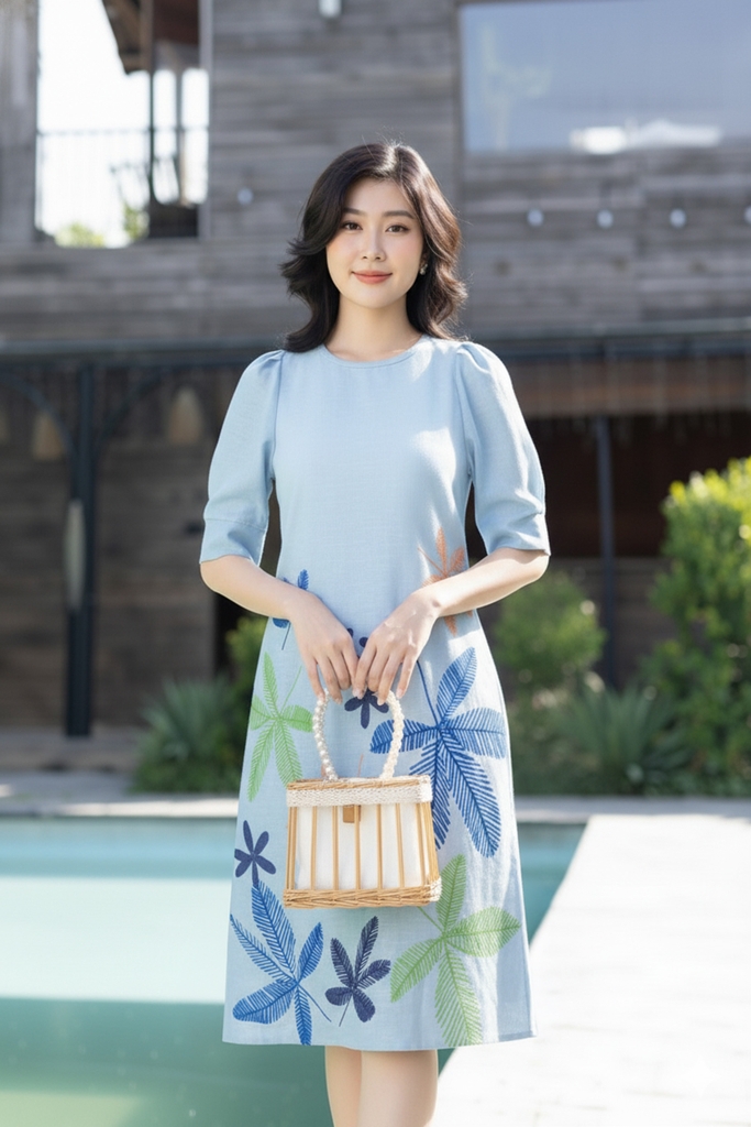 SWANLAKE | Váy Đầm Nữ Midi Suông Linen Lụa Cao Cấp Cổ Tròn Tay Bí Hoạ Tiết Hè Thoải Mái D11013LW07