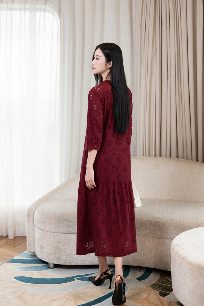 SWANLAKE | Váy Đầm Nữ Maxi Suông Đuôi Cá Cài Nút Linen Thêu Đục Lỗ Tay Bí Lỡ Du Lịch Biển Hè D12761LW01