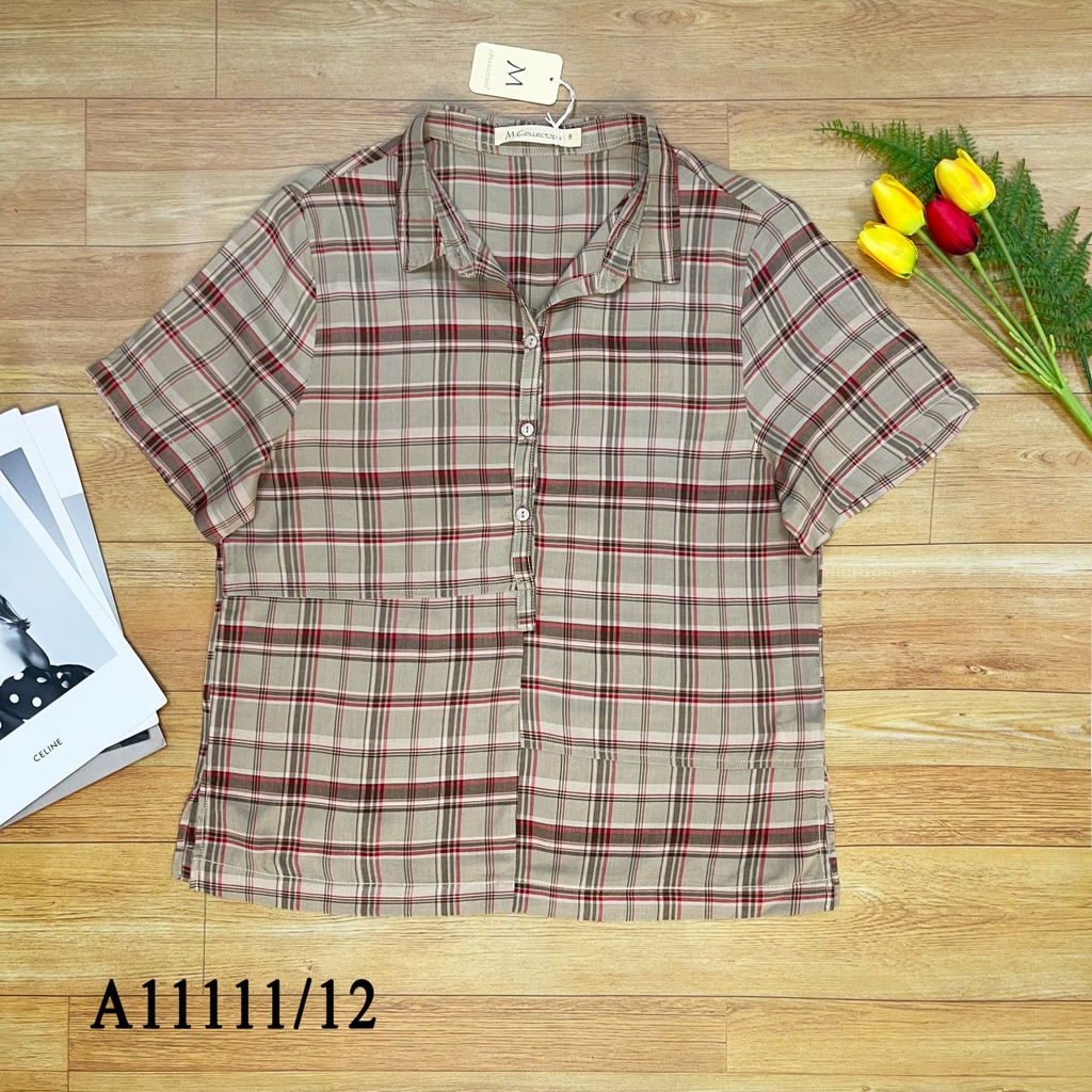 Swanlake | Áo Sơ Mi Phom Rộng Tay Ngắn Caro Cotton Lụa A11111LW01