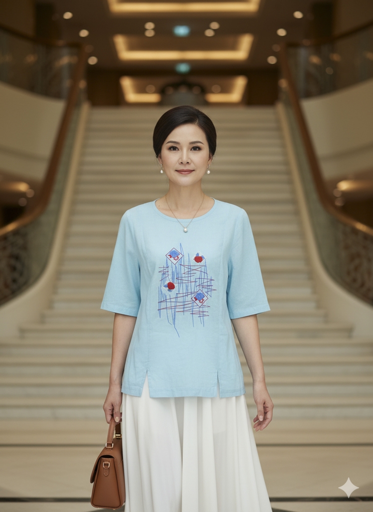 M COLLECTION | Áo Kiểu Nữ Trung Niên Tặng Mẹ Phom Suông Cổ Tròn Chất Vải Linen Thêu Họa Tiết A10943LW01