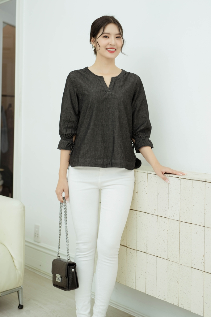 Áo Kiểu Tay Lỡ Cột Nơ Vải Jean Swanlake - A11027LW02