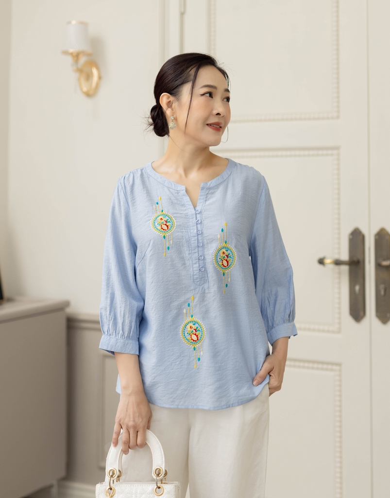 Áo Trung Niên Tay Lỡ Cổ Trụ Lụa Hàn Thêu A11083LW07