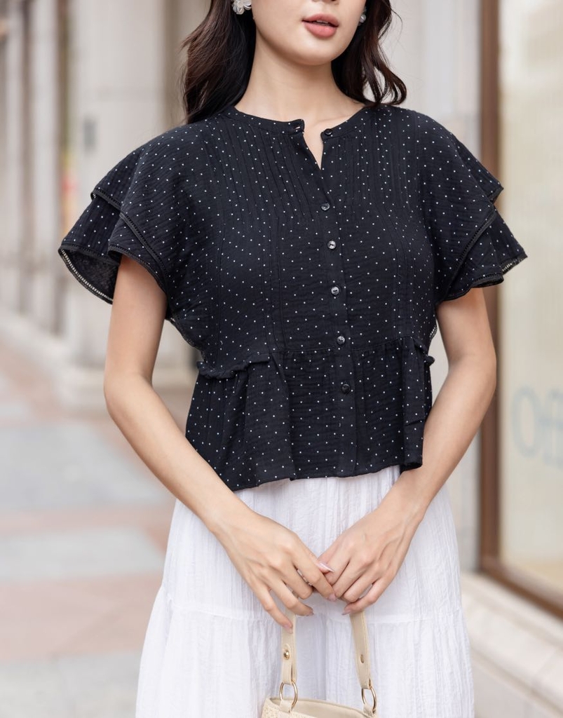 Áo Kiểu Ôm Eo Vải Xô Muslin Chấm Bi Swanlake - A11387LW01