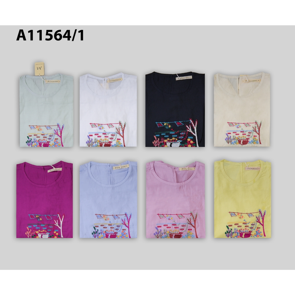 M COLLECTION | Áo Kiểu Nữ Trung Niên Tặng Mẹ, Bà Tơ Cotton Thêu Hoa Cổ Tròn Tay Bí Lỡ Bo Chun A11564LW01