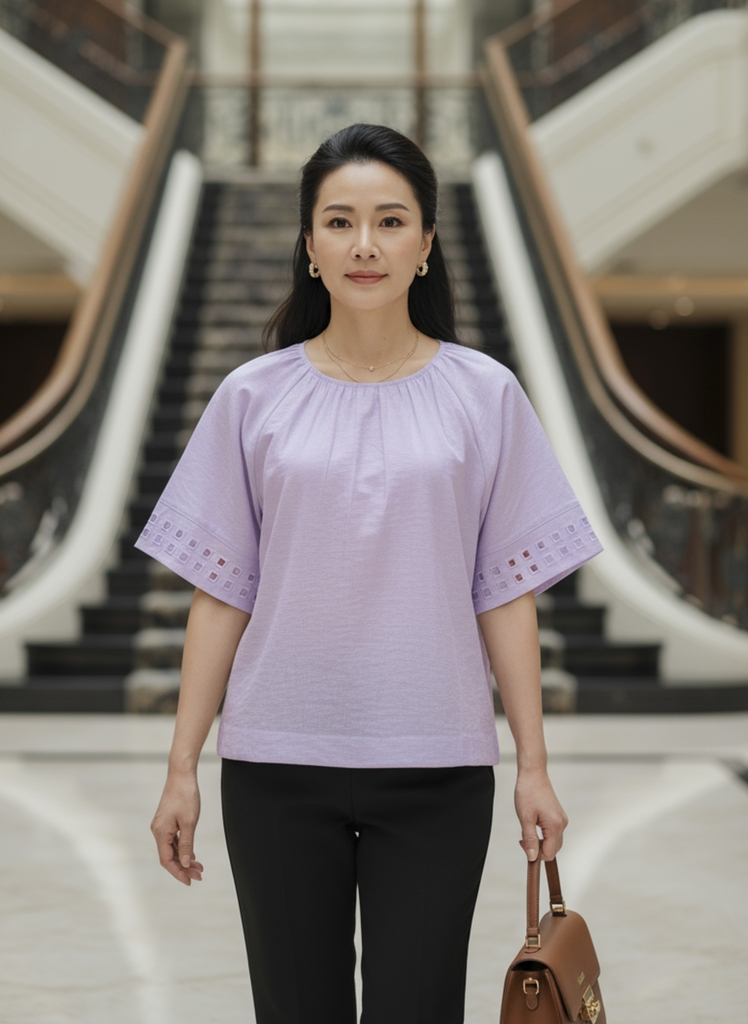 M COLLECTION | Áo Kiểu Nữ Trung Niên Tặng Mẹ, Bà Chất Vải Lụa Hàn Cổ Tròn Bo Chun Tay Ngắn A11631