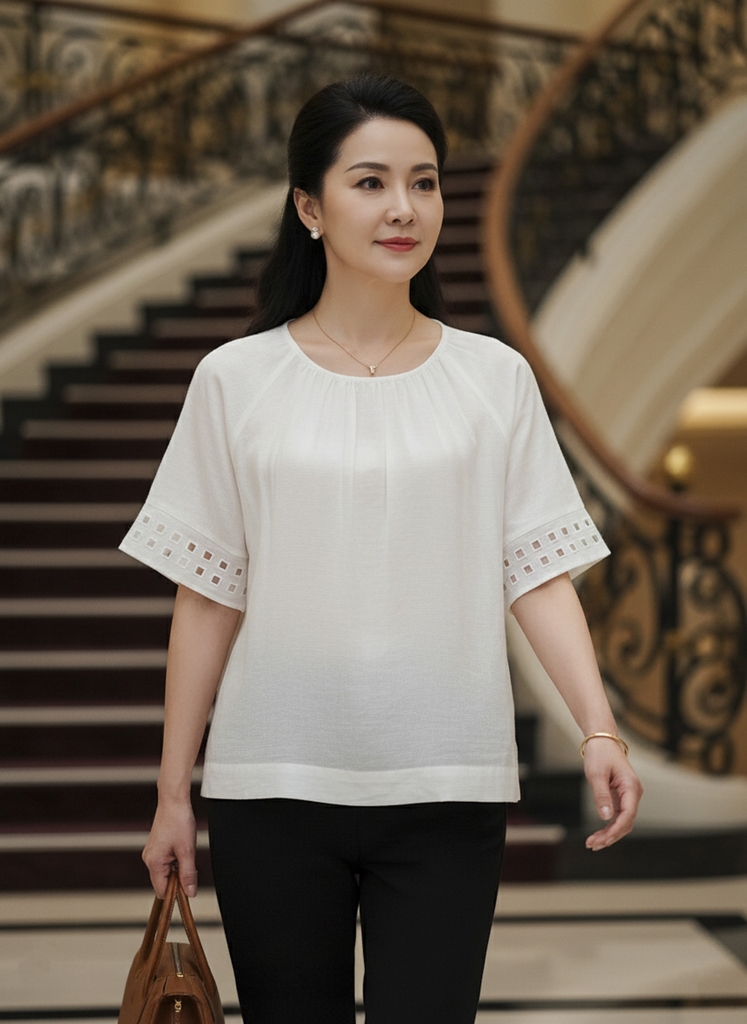 M COLLECTION | Áo Kiểu Nữ Trung Niên Tặng Mẹ, Bà Chất Vải Lụa Hàn Cổ Tròn Bo Chun Tay Ngắn A11631