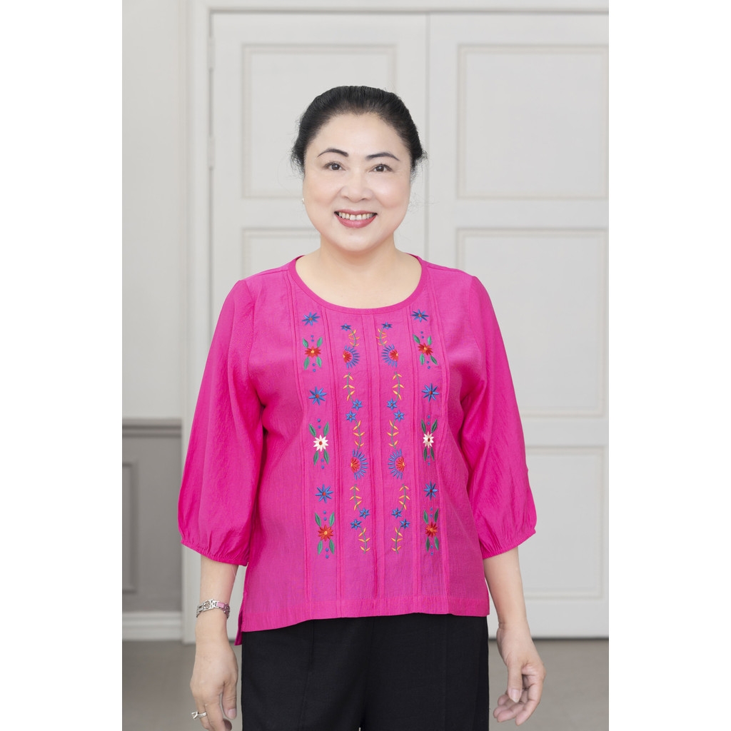 M-Collection - Áo Kiểu Thêu Tay Lỡ Bo Chun Chất Liệu Tơ Cát A11921LW01