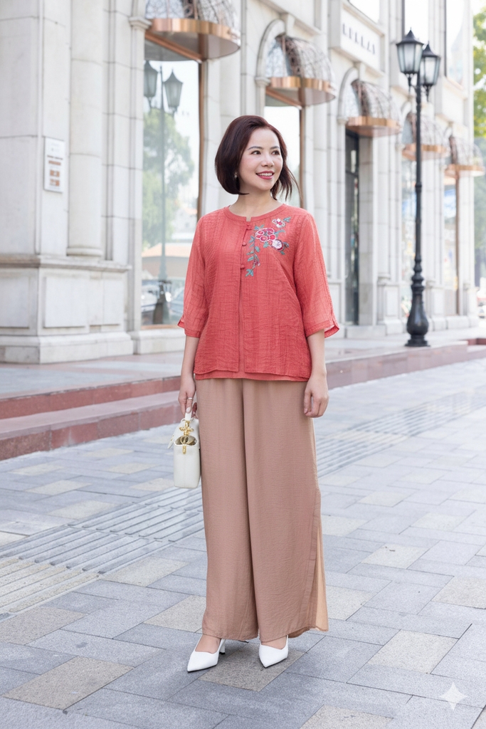 M COLLECTION | Áo Kiểu Nữ Trung Niên Tặng Mẹ Tơ Lót Lụa Hàn Thêu Hoa Cài Nút Tay Lỡ Xẻ 2 Mảnh A12848LW01