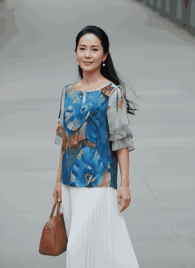 Áo Kiểu Nữ Trung Niên Tặng Mẹ Chất Vải Chiffon In Hoa Cổ Tròn Tay Lỡ Xếp Tầng A07314