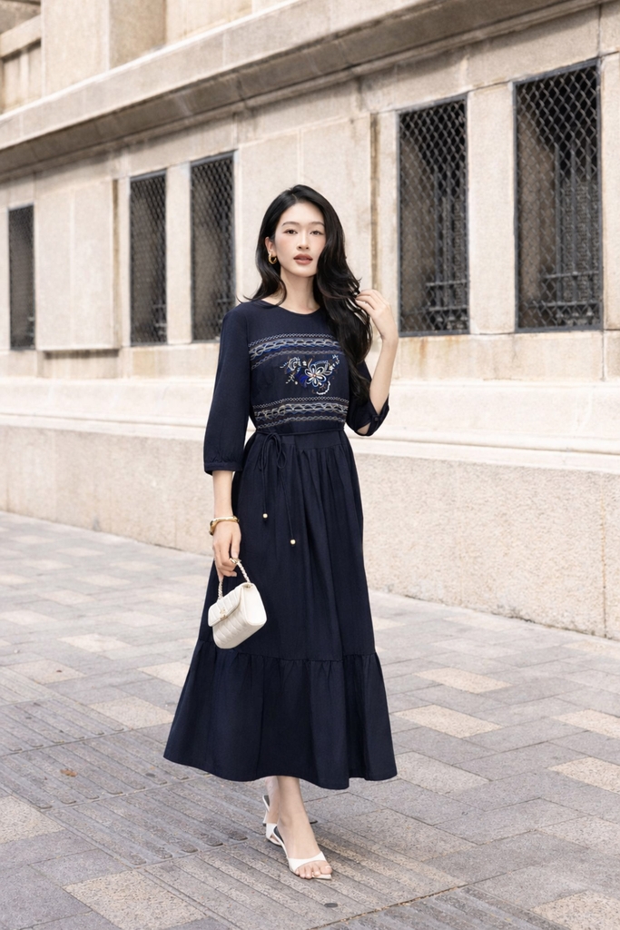 SWANLAKE | Váy Đầm Nữ Maxi Đuôi Cá Xòe Vải Linen Hàn Thêu Hoa Cổ Tròn Tay Lỡ Dây Thắt Eo D13700LW01